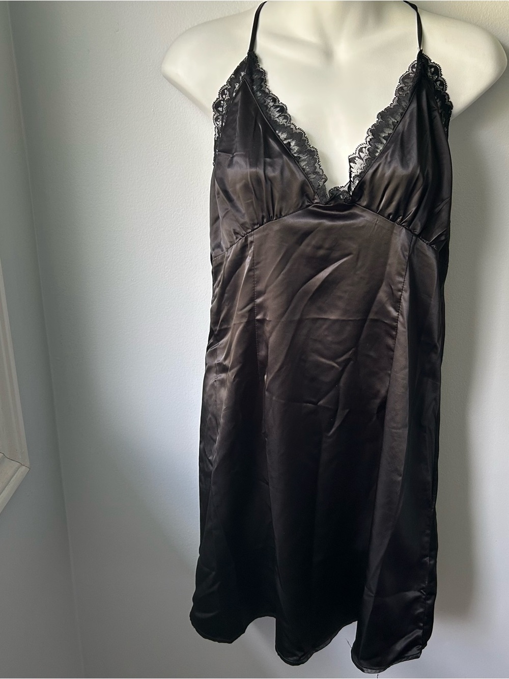 NEW Black Satin Lace-Trim Chemise Dress NWT
